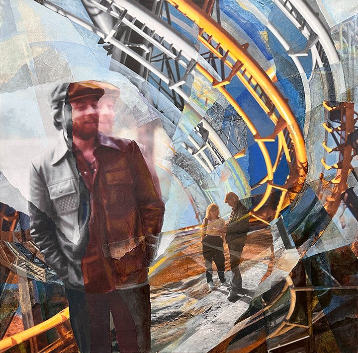 In the midst of swirling chaos, two figures are lost in deep conversation, so absorbed in their inner world they don't register the turmoil around them. The foreground figure steps away, rejecting the clamor.