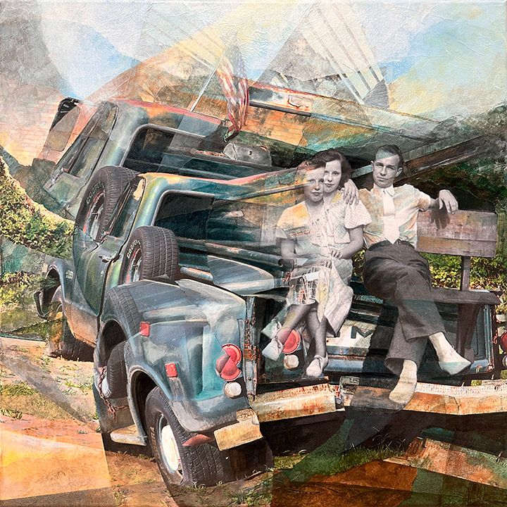 Two figures from a 1950s photograph, male and female in black and white are sitting on a bench which is superimposed over the tailgate of an old GMC pickup truck. The truck has been torn and collaged together several times.