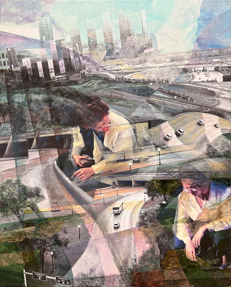 Roads and underpass, broken up and reassembled, with architecture and figures swirling about.