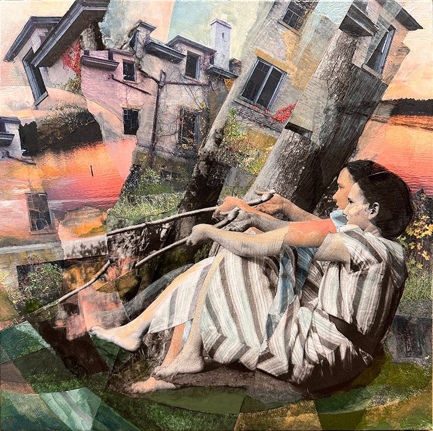 Image of woman sitting on the grass by a body of water with portions of structures in the distance