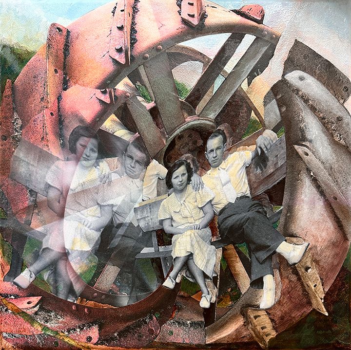 Two figures, somewhat transparent and repeated, sit on a bench that is cradled in a large, rusted tractor wheel, that is broken up and shifting.