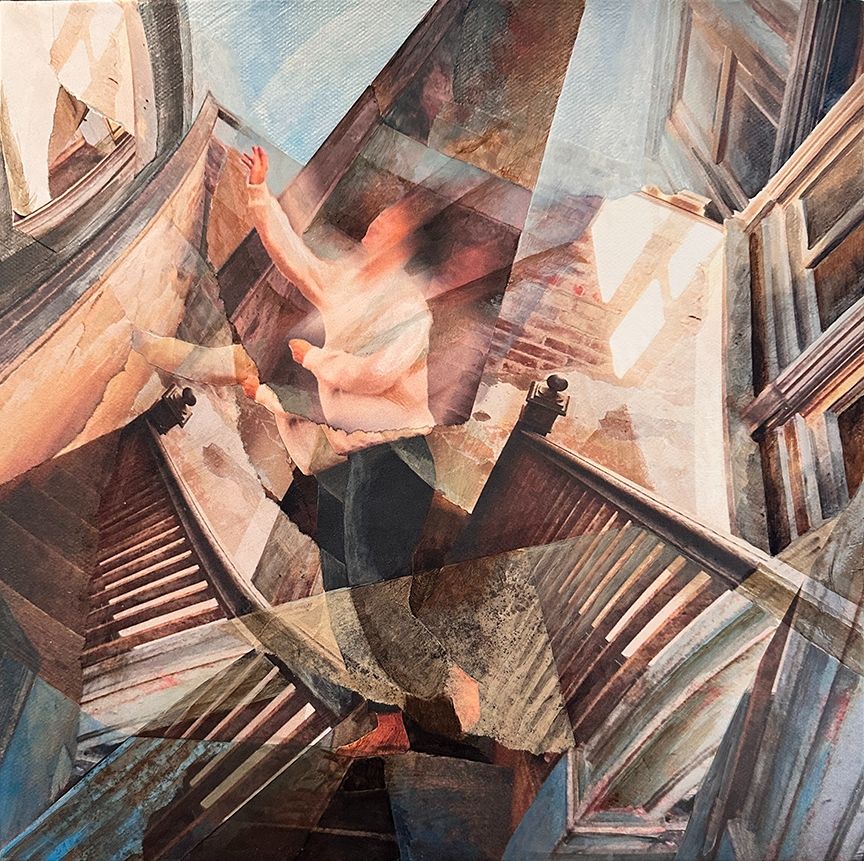 Blurry figure on warped and disjointed staircase, reach up, perhaps toward a window.
