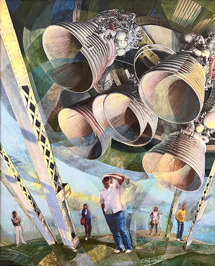 Artwork depicting figures looking up at massive industrial power structures akin to rocket boosters hanging over their heads
