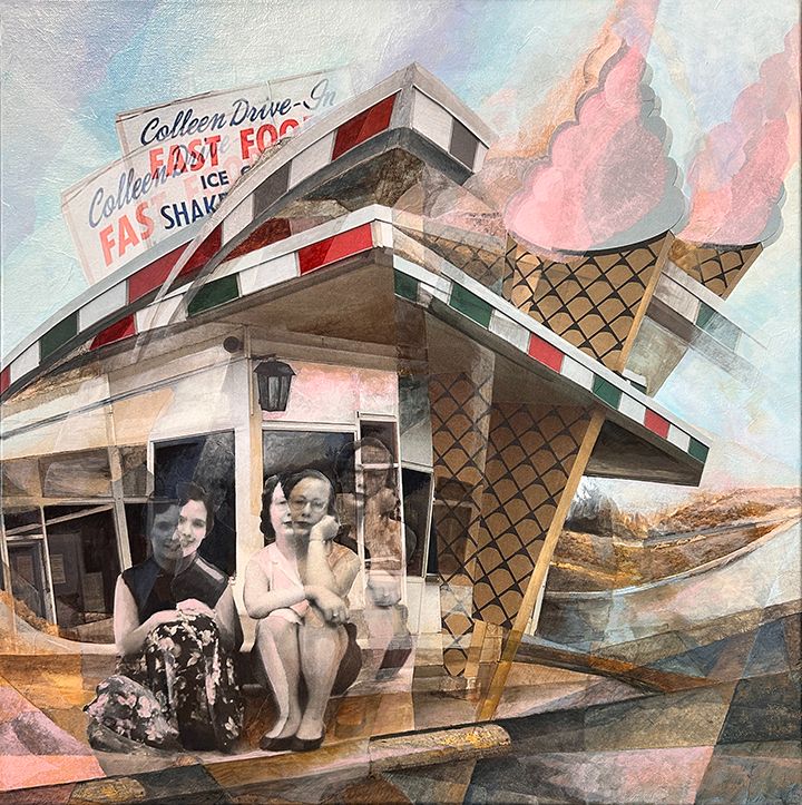 Distorted images of two figures in front of a Drive-in restaurant