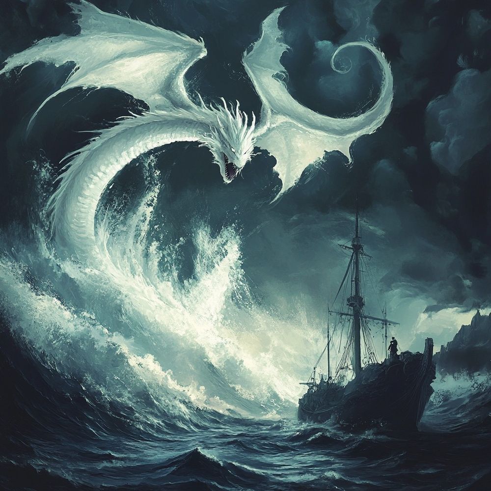 White sea dragon emerging from the waters, facing a ship during a stormy night at sea.