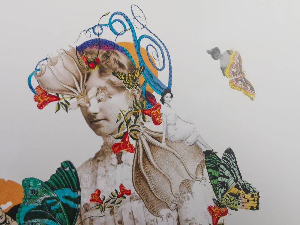 Imagen detalle de un collage donde se ven flores, una chica con ojos de calamar y una mariposa entre otros elementos. 