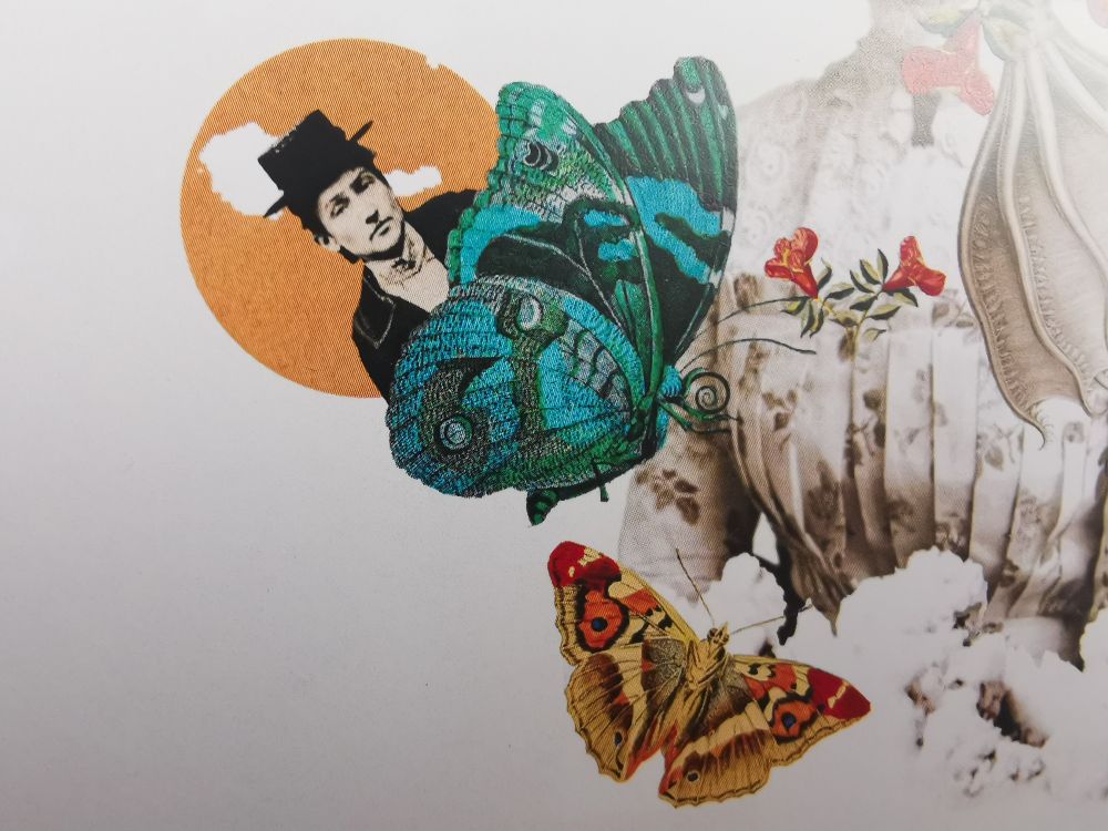 Imagen detalle de un collage donde se ven mariposas y una persona con sombrero. 