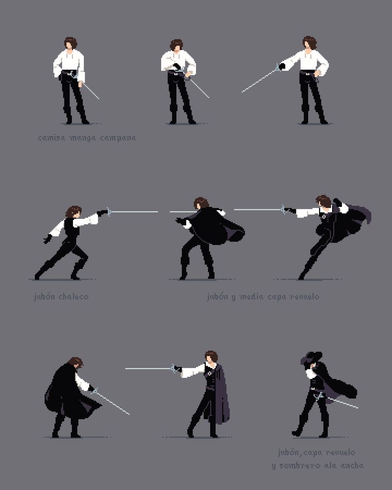 ropas y poses de espadachín, pixel art