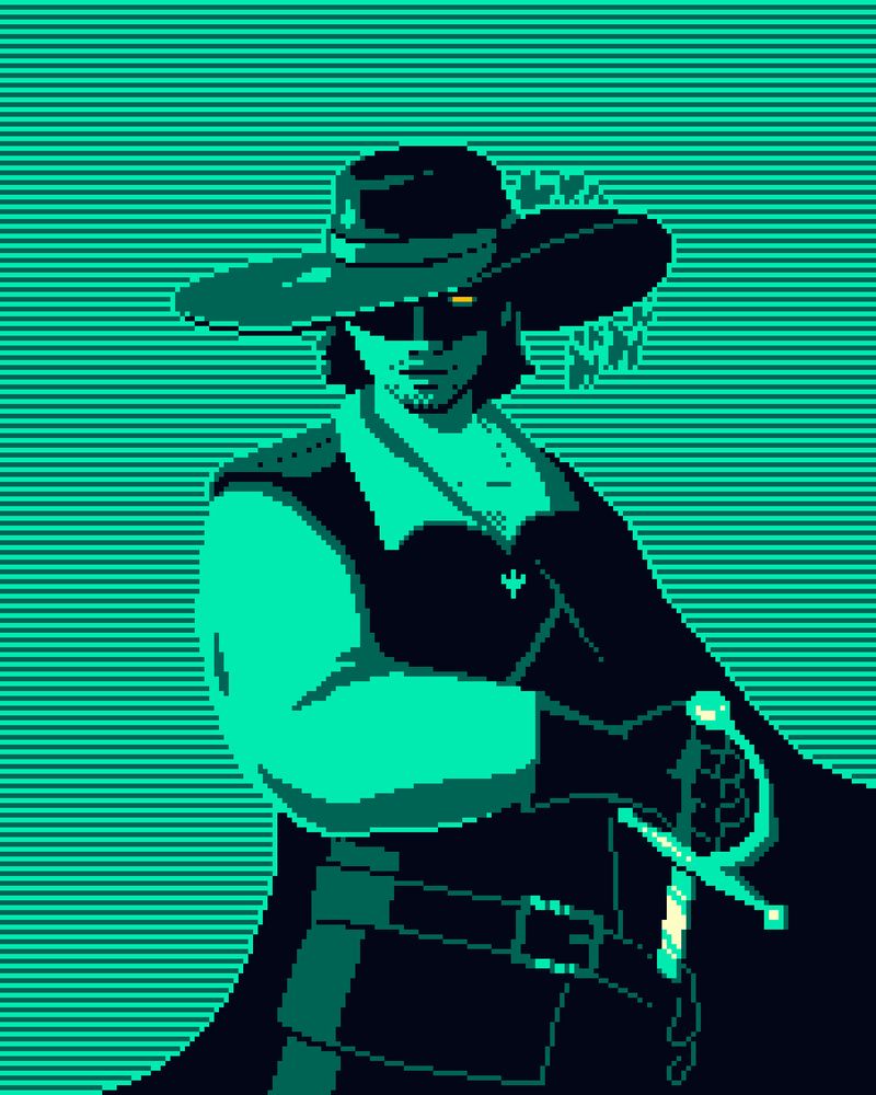 Un misterioso espadachín con sombrero de ala ancha y máscara, capa larga y un broche en el pecho, está desenvainando su espada ropera. 5 colores, pixel art