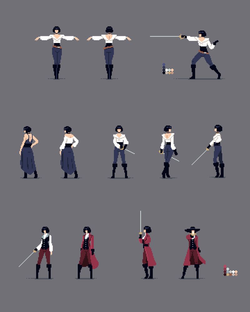 diseño de diferentes ropas y paletas de color, pixel art