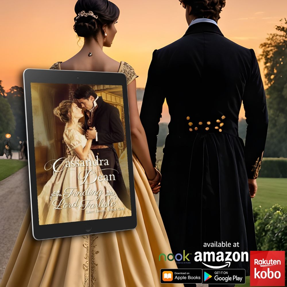 A man and woman in regency era dress stare out at a beautiful sunset over a formal English garden.
