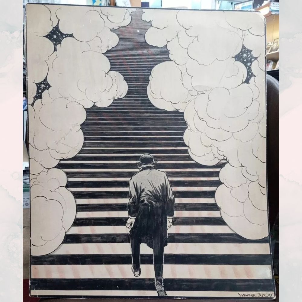 The front of the original Winsor McCay piece, "The Staircase of Eternity." It depicts a man walking up a staircase surrounded by fluffy clouds, with glimpses of the stars in between. 
