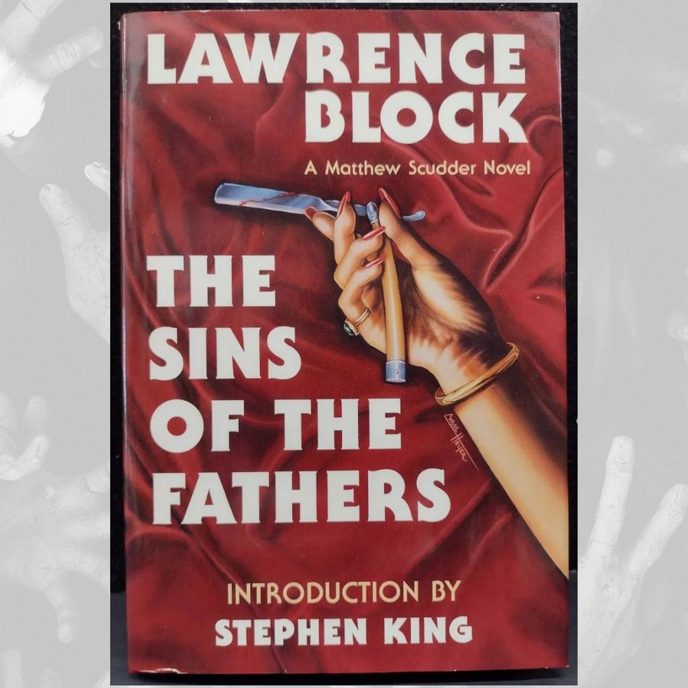 The cover of The Sins of the Fathers, with a red curtain as a background and a hand sprawled across it holding a peeler. 