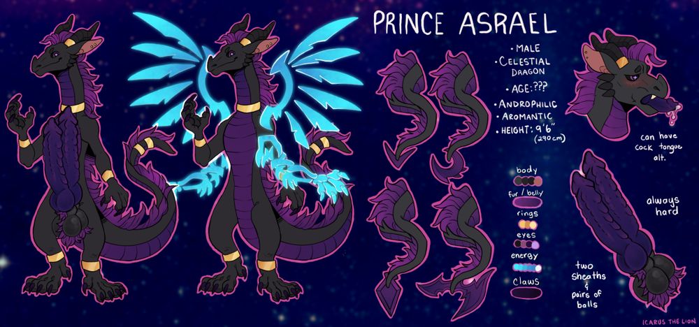 A black and purple celestial dragon with two long shafts, always hard and reaching all the way up to the base of his long neck. His tongue can also shift into another cock.