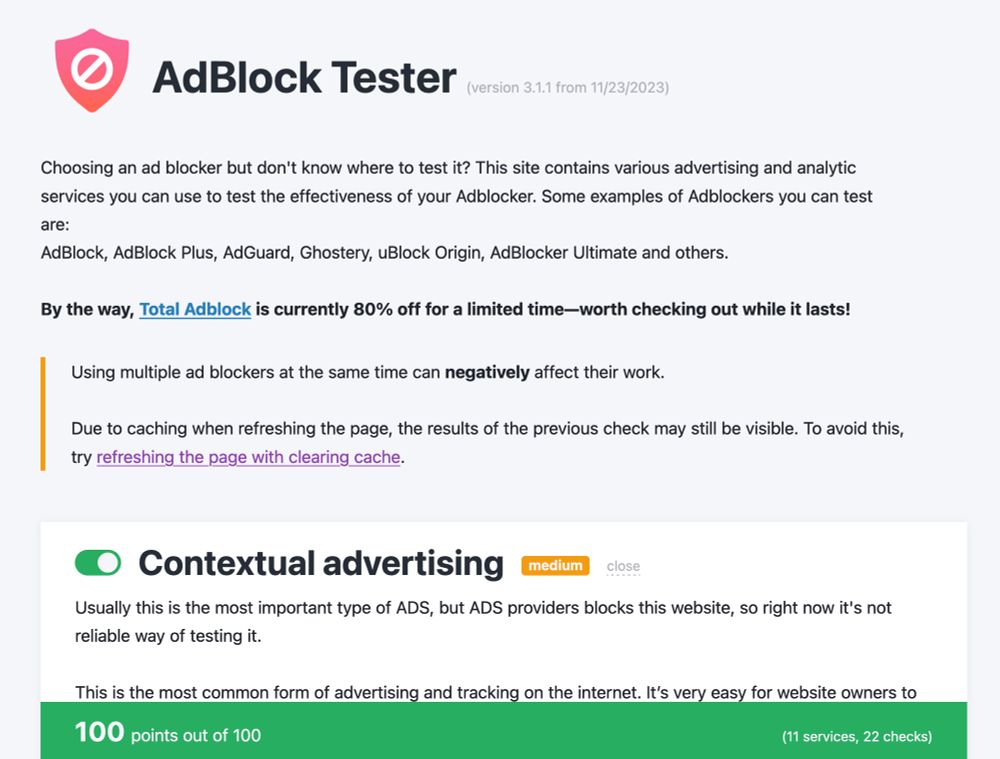 Screenshot of adblock-tester.com showing a score of 100 out of 100