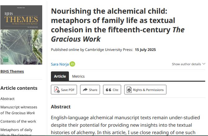 Screen cap of the BJHS Themes page with Sara Norja's journal article "Nourishing the alchemical child: metaphors of family life as textual cohesion in the fifteenth-century The Gracious Work".