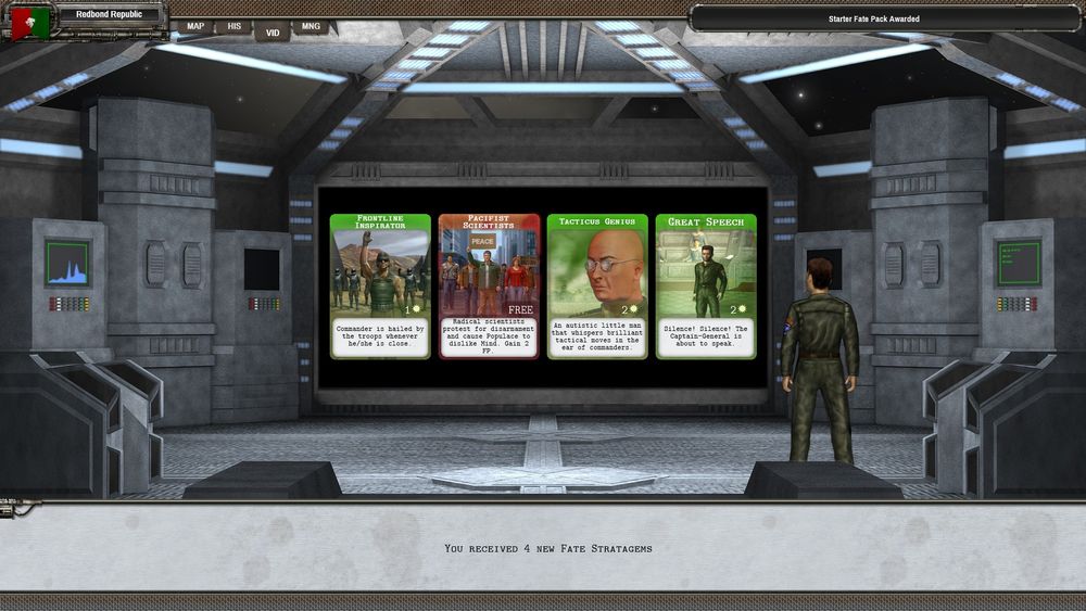 A screenshot from the PC game "Shadow Empire", depicting a batch of strategy cards - specifically the card "Tacticus Genius" which has the description "An autistic little man that whispers brilliant tactical ideas in the ears of commanders."