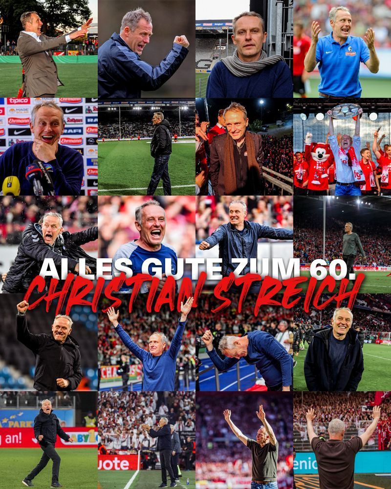 20 Bilder von Christian Streich als SC-Trainer, davor der Schriftzug "Alles Gute zum 60., Christian Streich"