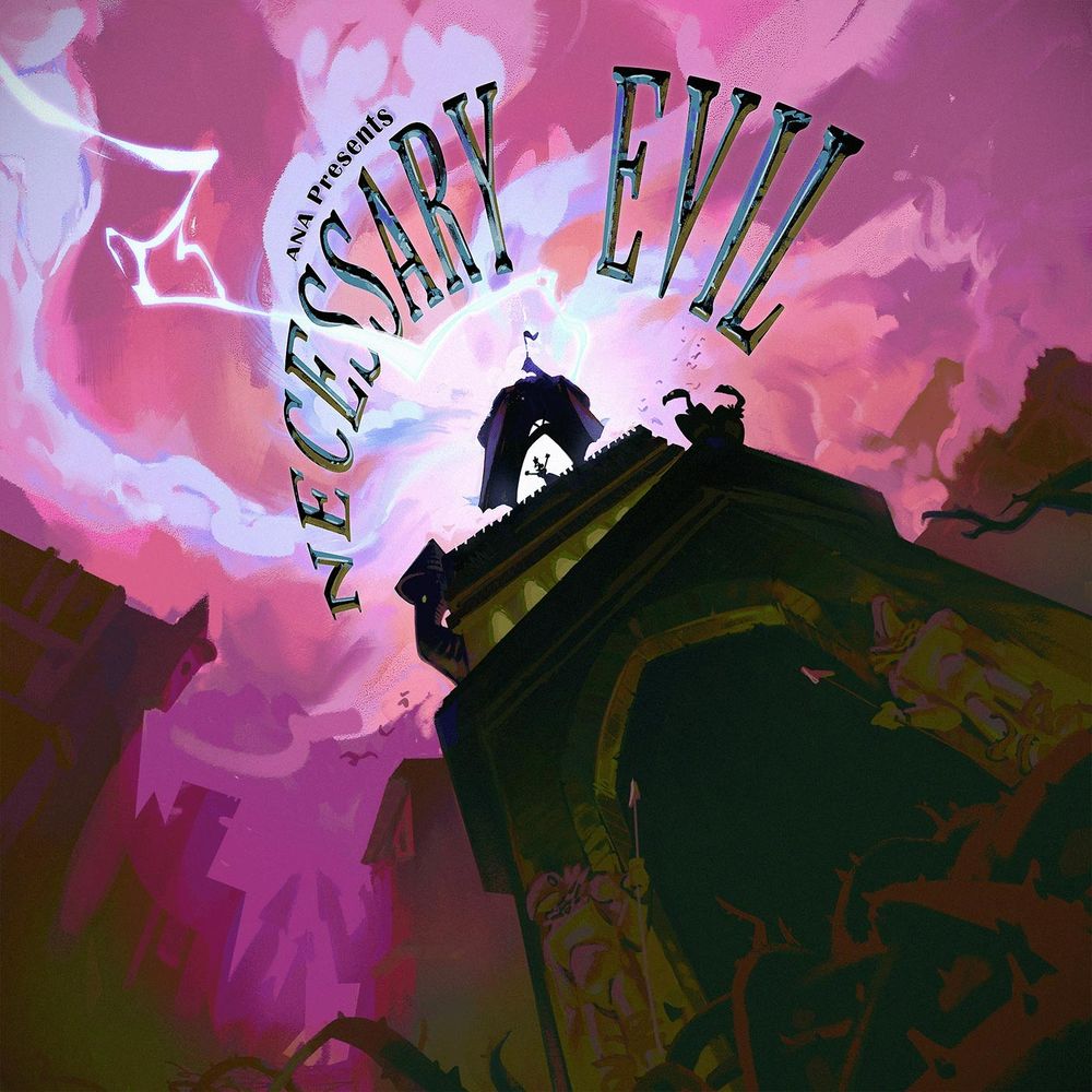 Cover for Necessary Evil which features a dark castle with thorns and guards and a lightning bolt striking a parapet. 