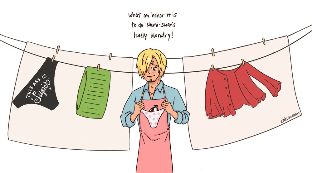 Sanji from one piece is blushing while holding a bikini bottom. he says 'what an honor it is to do Nami-swan's lovely laundry' while standing in front of a laundry line with miscellaneous strawhat clothing.