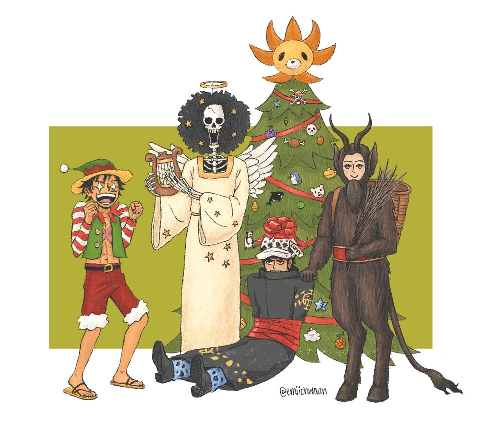 characters from one piece in christmas attire, luffy dressed as an elf is cheering to see law who is wrapped in ribbon as a present. robin is on law's right dressed as krampus and brook is on his left dressed as an angel. behind them is a christmas tree with one piece ornaments and thousand sunny's lion head as a tree topper.