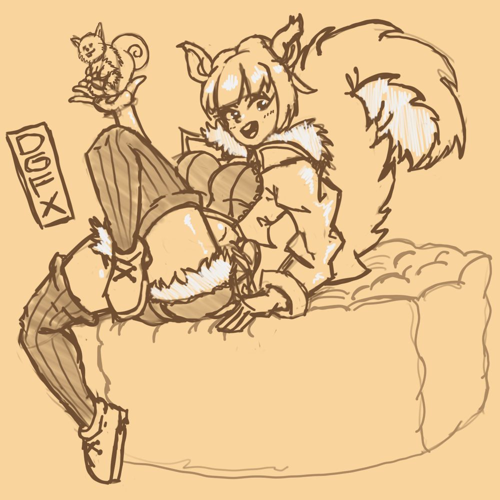 A sketch of Squirrel Girl, holding a squirrel, leaning on a big squishy cushion!