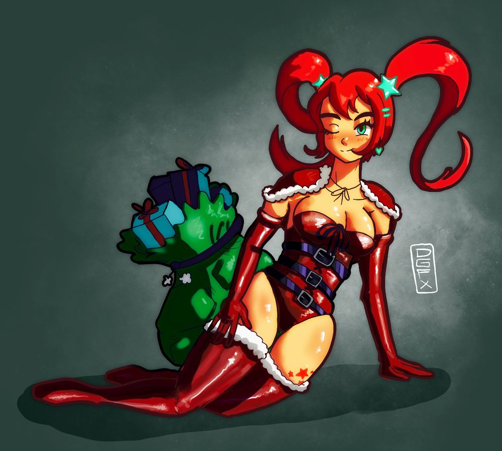 Lyra, a woman with red hair, a red shiny Christmas outfit, and a bag of presents behind her!
