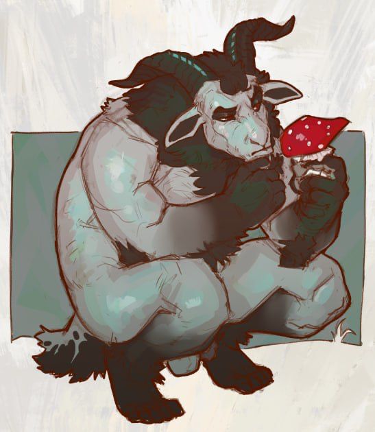 My sona Valak the demon goat crouching and studying a mushroom.