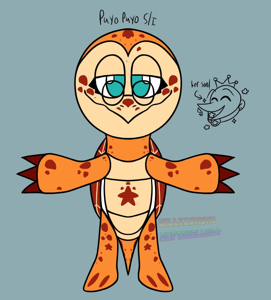 My Puyo Puyo self insert who is based off of a hawksbill sea turtle (I recently got a plush of the turtle from six flags, so that was the inspo I needed to finally make a S/I for Puyo Puyo) Ocean prince is my goofy lil son I cherish him
