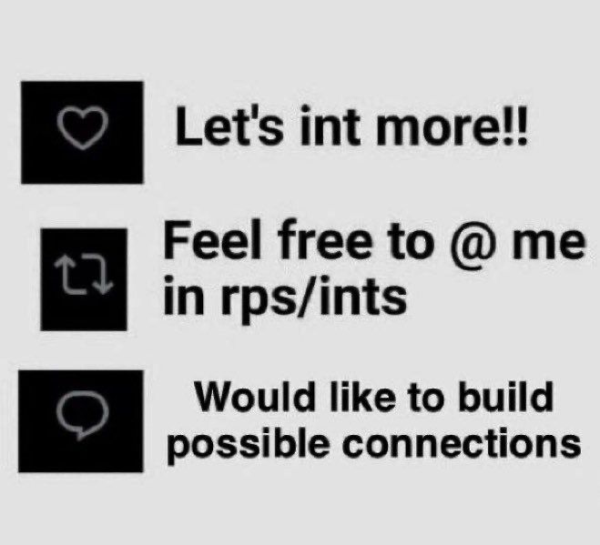 Like: let's interact more!

Retweet: Feel free to @ me in rps/interactions

Reply: Would like to build possible connections