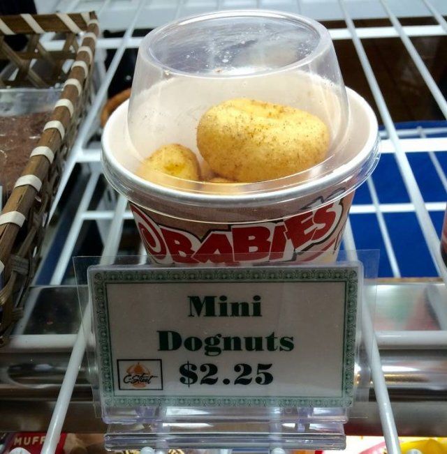 It's a photo of what I assume is the window of a bakery. There's a paper cup containing what I assume are mini doughnuts. 

 Apparently this bakery is selling 'Mini Dognuts' for "2.25 a cup.
The price is in what I assume to be US $, forgive me if I'm mistaken.