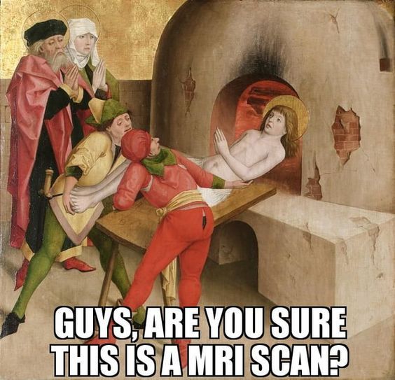 it's a painting depicting a scene from the Dark Ages. A couple, their hands together as if if prayer, look on as two men force a naked man into what looks uncannily like a pizza oven. So basically, it's a snapshot of an average day in the life of an average Christian.

Someone's added the caption 'Guys, are you sure this is an MRI scan?'