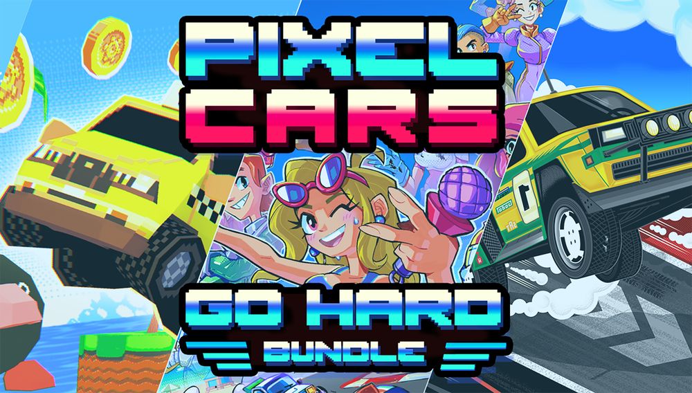 Asset showing a split of three car game key arts with text "PIXEL CARS GO HARD BUNDLE"