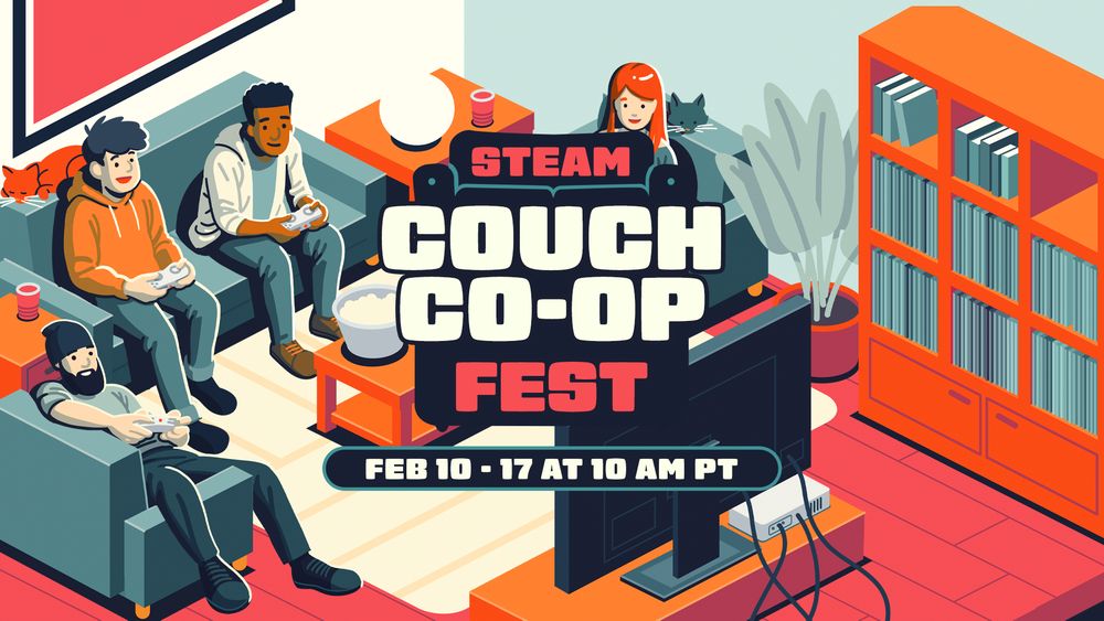 Steam asset showing digital art of 4 people sat on sofas, looking at a TV while holding controllers. The tones of the image of bright oranges and soft reds, with greys and light blues.