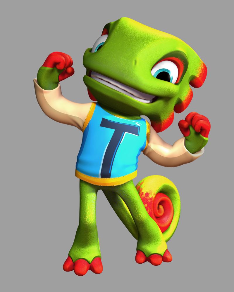 Colorful illustration of Yooka and Laylee from the video game series, showing Yooka, a green chameleon, with Laylee, a purple bat, perched on Yooka's head. Both characters are in adventurous poses and Yooka is wearing a blue top with the letter T and blue trousers.