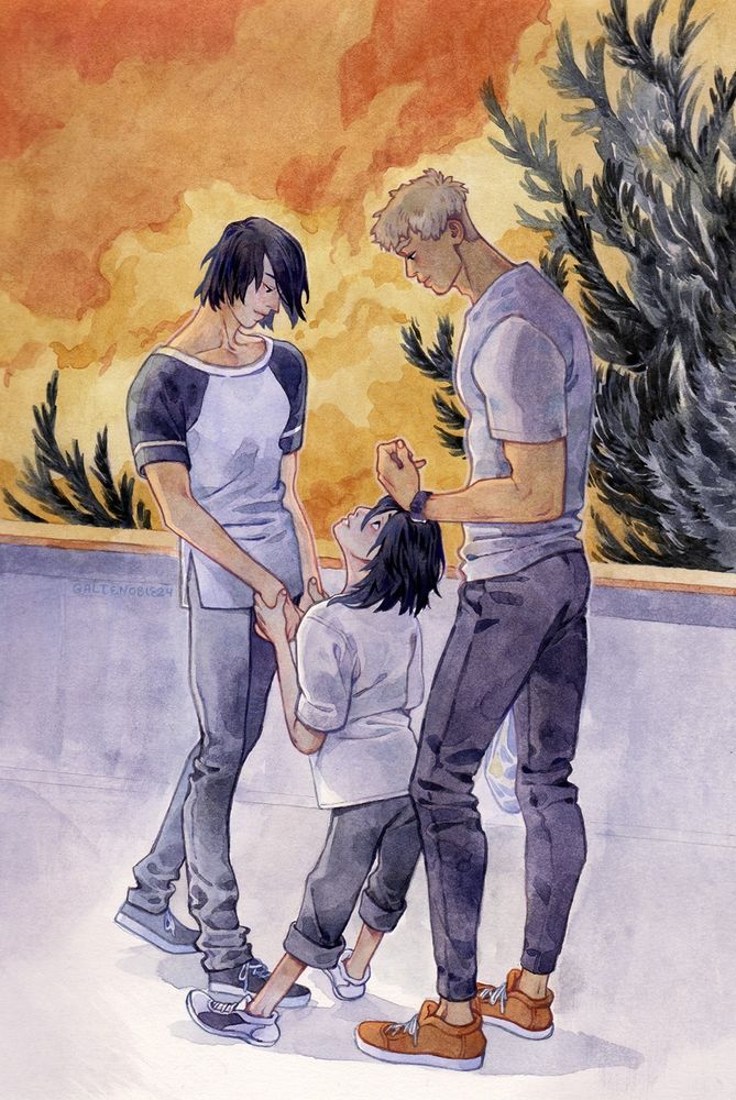 Redraw of an old fanart of Youji, 'Junsei', and Tetsuo from Sweetpool. It's sunset, and they're enjoying time outside together as a family.