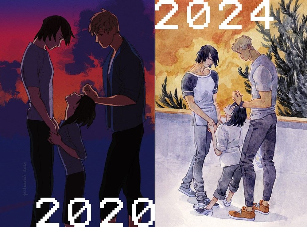 Comparison of the original fanart from 2020 side-by-side with the updated work from 2024.