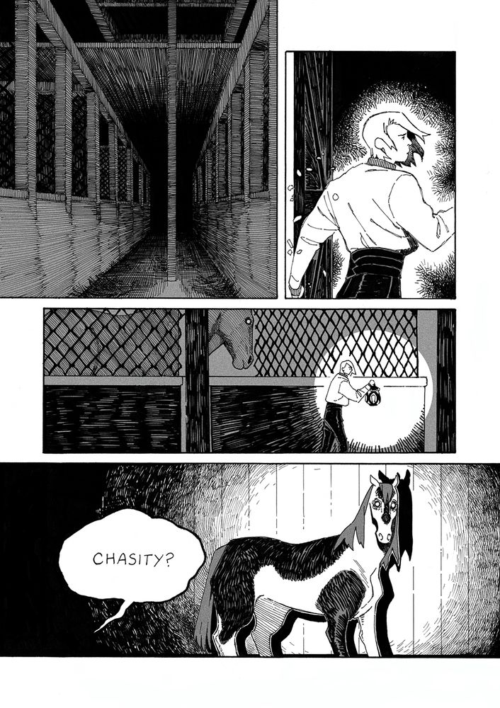 A preview page of chapter 8 of Guilts of Tundai. Elijah enters a lightless stable. The horses all appear spooked by something.