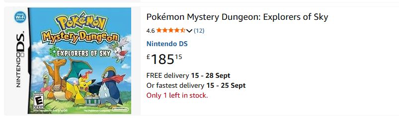 Amazon listing of Pokémon Mystery Dungeon: Explorers of the Sky, £185.15 ($249.50 US)