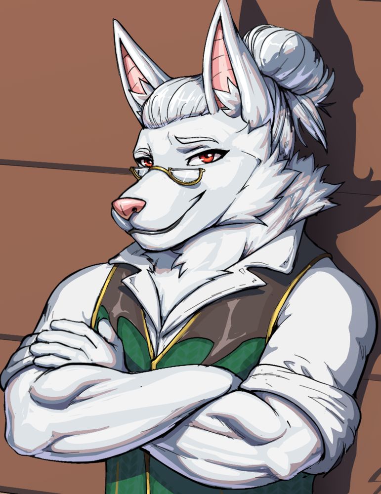 Illustration: Agrius Augusto de Silva, an albino hybrid bat man, stands in front of a wall. He is wearing brown trousers, a green and black vest with a gold trim, a white dress shirt, and pince-nez spectacles. His wight hair is tied back in a bun while his thick neck fur sticks up out of his shirt. He has his arms crossed and is grinning to the viewer. Illustrated by @agonwolfe.bsky.social