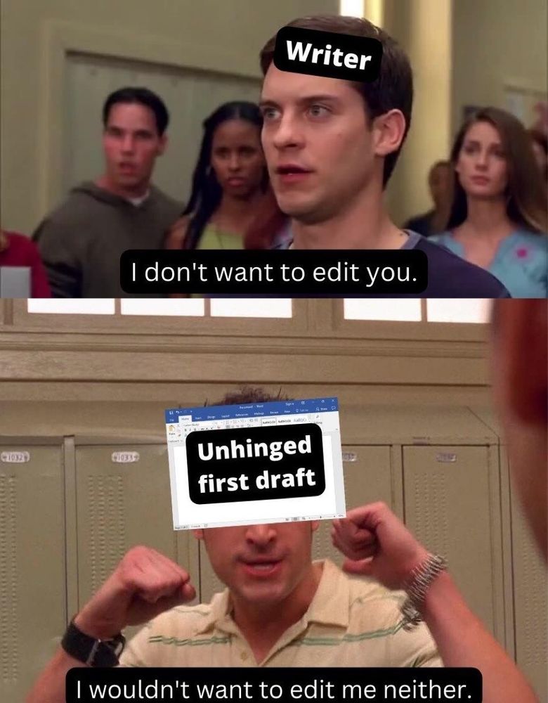 The guy in the top half is labeled as a writer says, "I don't want to edit you." Guy in the bottom half is labeled as unhinged first draft says."I wouldn't want to edit me neither."