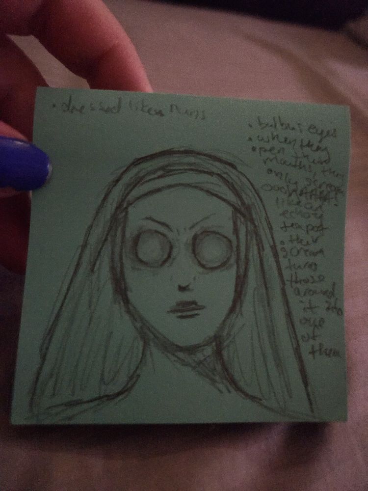 Pencil sketch of a woman-type of horror creature on a blue post-it note