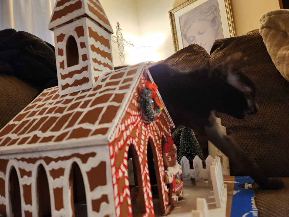 Black cat walking away from a wooden gingerbread house decoration.