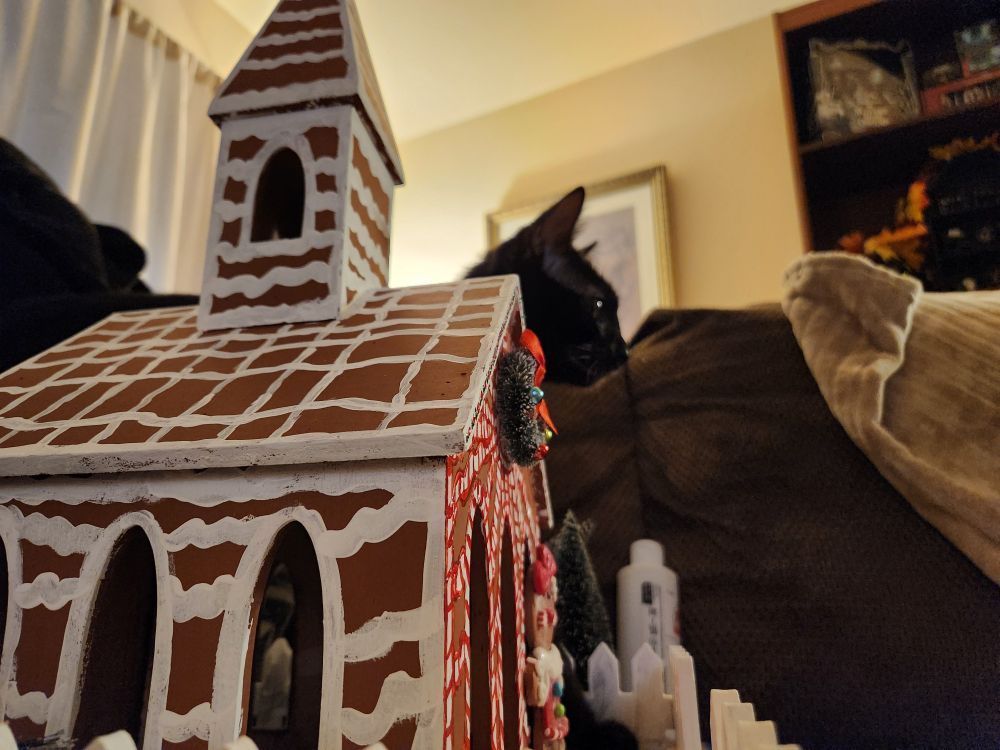 Black cat looking away the camera from behind a wooden gingerbread house decoration.