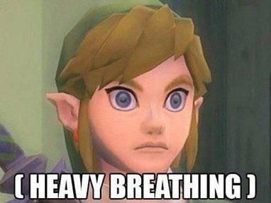 Elf boy with green hat and blond hair with wide eyes, and the text on the image says (Heavy Breathing)