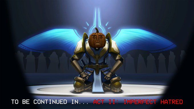 gabriel from ultrakill in his post-3-2 battle cutscene. the halloween update replaces every character's head with a pumpkin, including in said cutscenes, making for a very unserious game in the month of october [end ID]