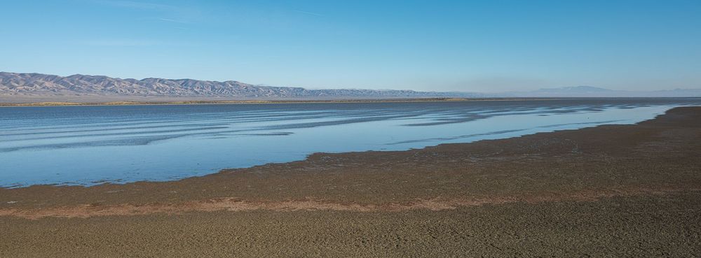 Panoramic view of Soda Lake with mountains in background and drying mud in foreground, all in muted colors.