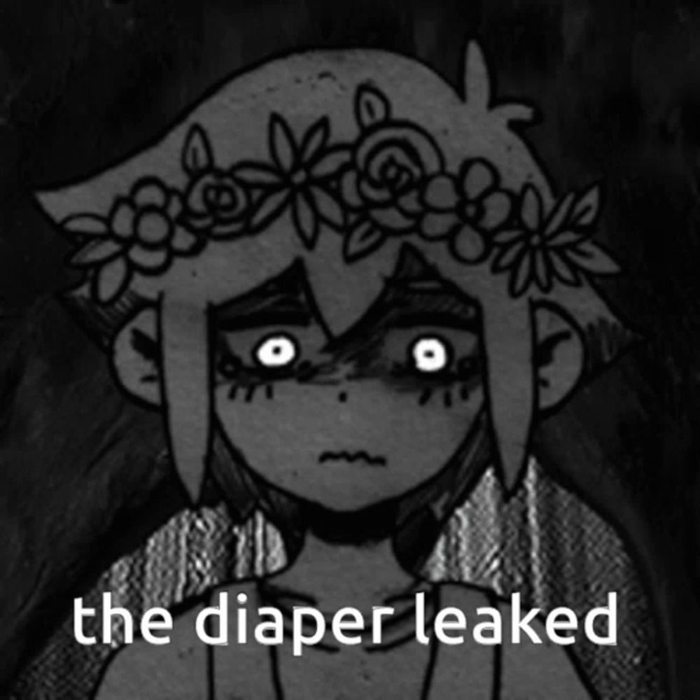 a black and white drawing of a boy with a flower crown on his head with the words the diaper leaked below him