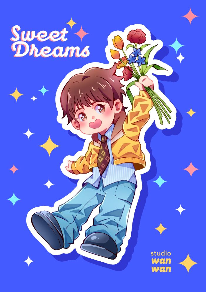chibi hobi in a yellow jacket holding flowers. it has a bright blue background that has lots of colorful stars