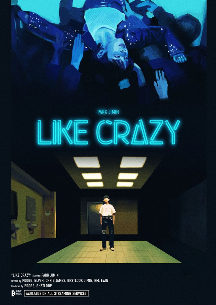 like crazy 80s inspired poster. it has jimin upside down at the top, in blue lighting and the scene at the bottom is jimin in the rest room whose walls separate